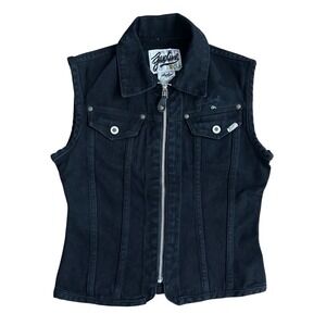 Vintage western Black Denim Vest Womens Medium Biker Grunge Zip Up Trucker